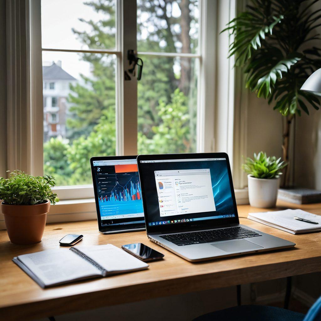 A dynamic workspace displaying a laptop open to a blogging platform, surrounded by essential internet quality assessment tools like a speed test app, graphs showing connectivity metrics, and a smartphone showcasing an internet monitoring app. The background features a cozy home office with a large window letting in natural light. A coffee mug sits nearby, symbolizing creativity and focus. digital art. vibrant colors. cozy atmosphere.