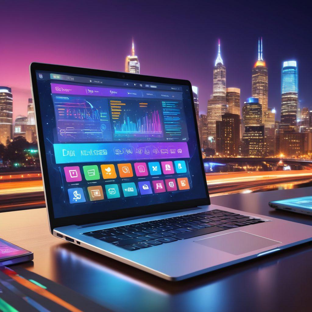 A dynamic illustration showing a laptop displaying a colorful blog page, surrounded by various internet performance metrics like speed bars and connectivity icons. In the background, a vibrant cityscape with digital elements representing connectivity and technology. Bright, engaging colors to emphasize the theme of innovation in blogging. super-realistic. vibrant colors. 3D.