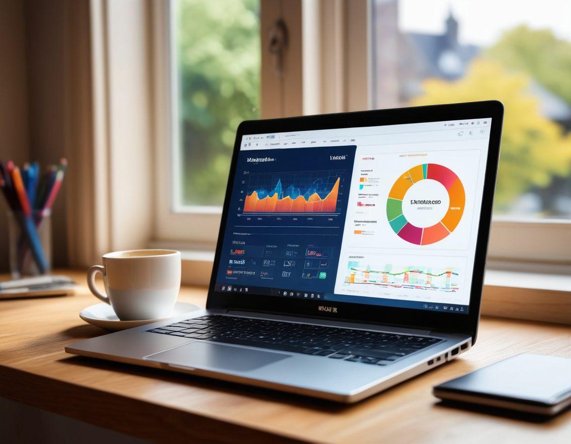 A sleek laptop on a wooden desk, showcasing a vibrant online journal interface on the screen with graphs depicting internet speed and reliability. Soft light streaming through a window to symbolize clarity and inspiration. Surrounding the laptop, stationery and a coffee cup to represent focus and productivity. The background fades into a digital network pattern, illustrating connectivity. super-realistic. vibrant colors. soft focus.